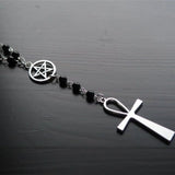 Ankh and Pentagram Rosary Necklace , Wicca, Pagan Rosary Black Beads Charm Jewelry for Women Gift Fashion Simple Jewellery