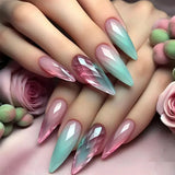 24Pcs Simple Almond Fake Nails with Green Leaves Design Elliptic Acrylic False Nails Wearable French Press on Nail Manicure Tips