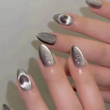 24Pcs Mid-length French Fake Nail with Silver Edge Design Round Head Almond False Nail Wearable Simple Finished Press on Nails