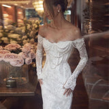 Vintage Women's Mermaid Bridal Gowns Gorgeous Lace Long Sleeve Princess Prom Wedding Dress Formal Beach Fashion Party Customized