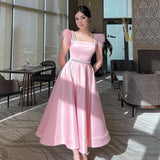 Pisoshare - Elegant Pink Feather Sleeveless Midi Evening Party Dress Princess Prom Gown with Beaded Waist Square Neck فساتين الحفلات