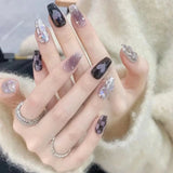 24Pcs Glitter Full Cover Nail Tips Long Ballet False Nails with Rhinestones Black Love Design Fake Nail Wearable Press on Nails