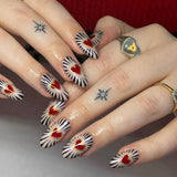 24Pcs Short Almond Red White Gradient False Nails with Spider Design Wearable Oval Fake Nails Detachable Press on Nails Manicure