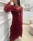 Pisoshare - Red Sequin Satin Ruffled Prom Dress Wedding Evening Party Gown with Long Sleeves Fashion Outfit for Women فساتين الحفلات#18500