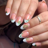 24Pcs Mid-length French Fake Nail with Silver Edge Design Round Head Almond False Nail Wearable Simple Finished Press on Nails