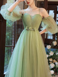 Cute Sage Green Tulle A-line Prom Gown with Puff Sleeves Evening Party Dress Bridesmaid Dresses for Women Birthday Gowns