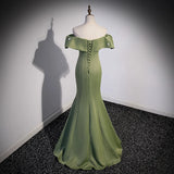 Elegant Olive Green Mermaid Floor Length Evening Party Dress with Black Pearl Tie Off Shoulder Slim Fitting Prom Gown