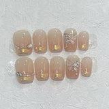 10Pcs Crystals Cat Eyes Handmade Press On Nails with Butterfly Peal Design False Nail Full Cover French Balle Wearable Nail Tips