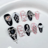 10Pcs Pink Almond Handmade Press on Nails Bow Fake Nails with Rhinestone Decoration Wearable Stick-on Nails False Nail 네일팁