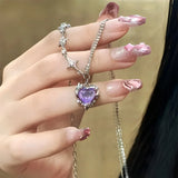 Purple Pink Black Crystal Heart Pendant Necklace Sweet Cool Girl Punk Clavicle Chain For Women Fashion Jewelry Gifts