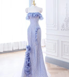 Elegant Lavender Purple Flower Ruffles Beaded Lace Mermaid Evening Dress Spaghetti Strap Sleeveless Prom Party Women Gown