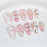 10Pcs Pink Almond Handmade Press on Nails Bow Fake Nails with Rhinestone Decoration Wearable Stick-on Nails False Nail 네일팁