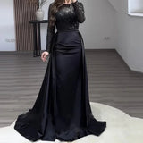Elegant  Women Sequin  Draped Tight Evening Dress  Sexy   Hollow Shining  O-neck Mesh Splicing Long Sleeve Party Dress  Vacation