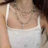 Multi Layer Imitation Pearl Cross Necklace Sweet Female Necklace High-End Light Luxury Collarbone Chain Fashionable Jewelry