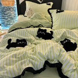 Korean Style Bedding Set Green Strip Black Cat Embroidery Washed Cotton  Duvet Cover Cute Cardboard  Bed linen Comforter Sets