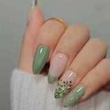 24Pcs Simple Almond Fake Nails with Green Leaves Design Elliptic Acrylic False Nails Wearable French Press on Nail Manicure Tips