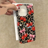 Luxury Cute Pink Bowknot Leopard Cherry Phone Case For iPhone 16 Pro Max Case iPhone 15 14 13 12 11 XS X XR 7 8 Plus Laser Cover