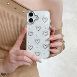 Fashion Metal Silver Love Heart Epoxy Glitter Case For iPhone 16 Pro Max 15 13 12 11 14 Plus Clear Bling Shockproof Phone Cover