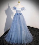 Fairy Blue Prom Dress Sequins Puffy Sleeve Luxury Empire A-Line Floor-Length Lace Up Party Banquet Formal Gowns ODE