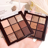 9-Color Chocolate Eyeshadow Palette with Pearl Shine, Fine Glitter, Matte Earth Tones, and Highlighting for Makeup