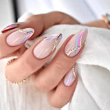 24Pcs Simple Almond Fake Nails with Green Leaves Design Elliptic Acrylic False Nails Wearable French Press on Nail Manicure Tips