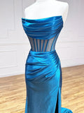 Elegant Blue Slim Fit Corset Prom Dress with Long Train Sexy Sleeveless Strapless Split Leg Ladies Evening Party Dresses#18326