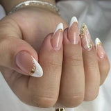 24Pcs Short Press on Nails with Almond Head Full Cover Silver Edge False Nails Nude Pink Glossy Artificial Nails for Girls Daily