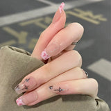 Pink French Style Fake Nails 3D Bowknot Designs Short Square Press on Nails Sweet Korean Fashion False Nails for Women and Girls