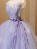 Pisoshare - Elegant Purple Tulle Off Shoulder Wedding Dress with Satin Waistband Sleeveless Lace-up Evening Party Midi Gown Robe Soiree