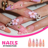 24Pcs Cat Eye Press on Nails with Almond Head Bow Diamond Stick on False Nail Sweet Pink French Full Cover Artificial Nails Tips