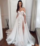 Bohemian Wedding Dress Off The Shoulder A-Line Bridal Gowns Lace Appliques Custom Made Tulle Backless Robe De Mariee Sweep Train