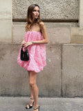 Sweet Off Shoulder Strapless Bubble Dress For Women Elegant Chic Pink Backless Mini Dresses 2024 New Spring Ladies Pink Vestido