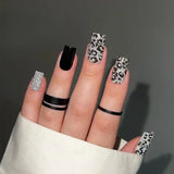 24Pcs Short Coffin False Nails with 3D Bow Dark Y2K Nail Art Animal Print Design Stick on Fake Nails Wearable  Acrylic Nail Tips