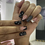 24Pcs Short Coffin False Nails with 3D Bow Dark Y2K Nail Art Animal Print Design Stick on Fake Nails Wearable  Acrylic Nail Tips