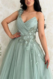 Sansa Blue One Shoulder Sweet Flower Lace Vestidos De Fiesta Sleeveless A-line Maxi Vestidos De Noche Tulle
