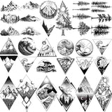 18 Sheets Geometry Mountain Temporary Tattoos For Men Women Adults Fake Waves Tattoo Sticker Black 3D Pine Tree Tatoos Triangle