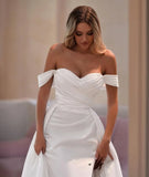 Matte Satin Wedding Dress with High Slit Off-the-Shoulder Neckline Crisscross Ruched Bodice Customize To Measure Robe Mariee