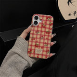 Korean Fashion Cherry Grid Pattern Case For iPhone 16 Pro Max 15 13 14 IMD Silicone Shockproof Protective Phone Back Cover