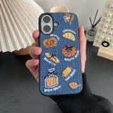 Retro Denim Embrpoidery Bread Toast Warm Fabric Phone Case For iPhone 16 15 14 13 Pro Max Lovely Back Cover
