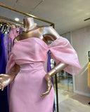 Pisoshare - Pink Feather Evening Party Dress Prom Gown Cocktail Dresses with Puff Sleeves Off Shoulder Simple Outfit for Women#18499