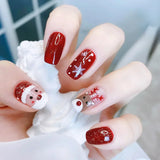 24Pcs Short Solid Color Wine Red Fake Nail Tips with Glue Glitter Square/round Head False Nails Wearable Ballet Press on Nails