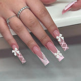 24Pcs Ballet False Nails Long French Press on Nails with Rhinestone Pink Bow Design Fake Nail Wearable Square Head Manicure