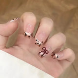 24Pcs False Nails French Gradient Ballet Fake Nails Press on Nails Black Heart Rhinestone Design Glitter Full Cover Nail Tips