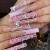 24Pcs Long Ballet False Nails with Bow Designs Pink Coffin Press on Nails Wearable French Fake Nail Full Cover Manicure Tips