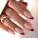 24Pcs Short Almond Red White Gradient False Nails with Spider Design Wearable Oval Fake Nails Detachable Press on Nails Manicure