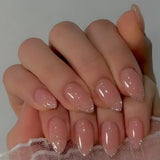 24Pcs Short Press on Nails with Almond Head Full Cover Silver Edge False Nails Nude Pink Glossy Artificial Nails for Girls Daily