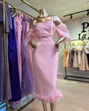 Pisoshare - Pink Feather Evening Party Dress Prom Gown Cocktail Dresses with Puff Sleeves Off Shoulder Simple Outfit for Women#18499