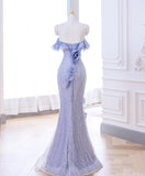 Elegant Lavender Purple Flower Ruffles Beaded Lace Mermaid Evening Dress Spaghetti Strap Sleeveless Prom Party Women Gown