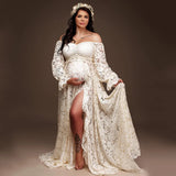 Boho Style Lace Maternity Dress Bohemian Photo Shooting Pregnancy Dress Baby Shower Ruffled Split Cut Lace Dress