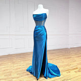 Elegant Blue Slim Fit Corset Prom Dress with Long Train Sexy Sleeveless Strapless Split Leg Ladies Evening Party Dresses#18326